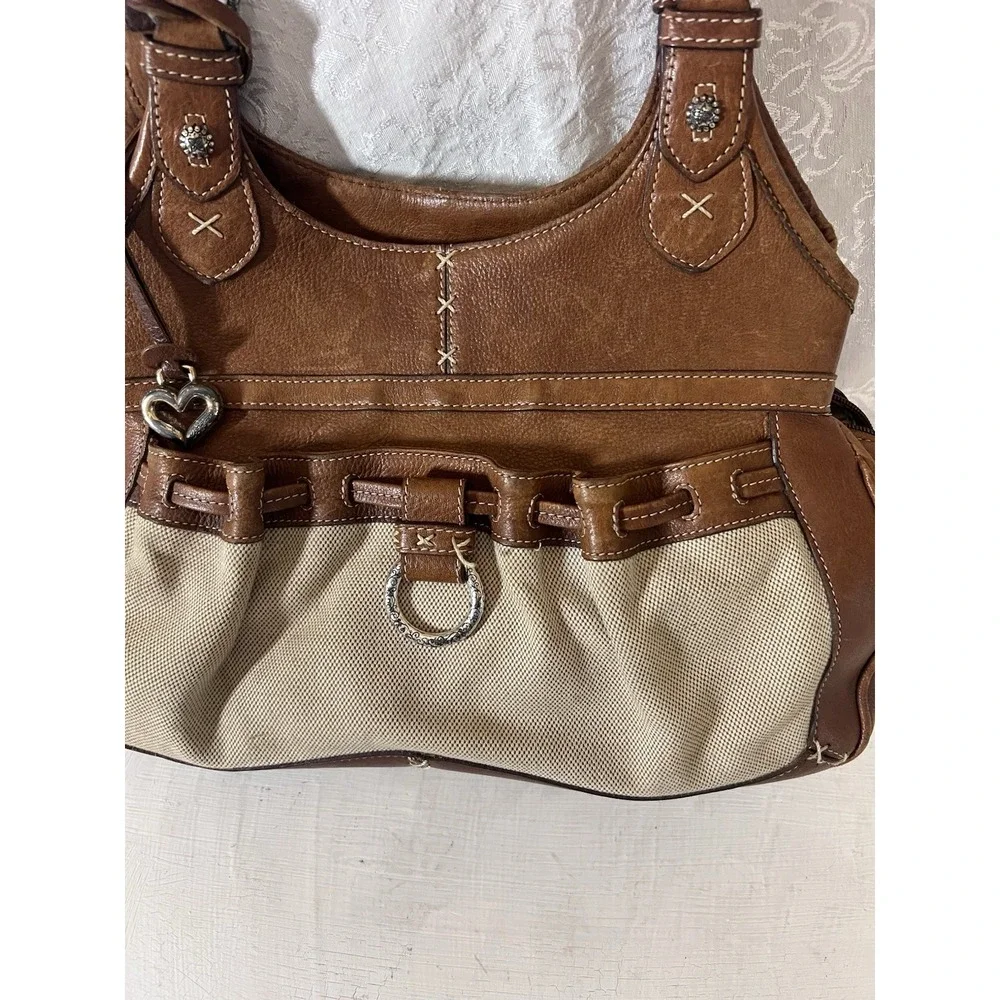 Brighton Leather Canvas Shoulder Bag Tan Brown Tote Purse Silver Heart Charm
